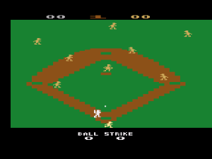 A batter looks on in despair knowing that the defense has super speed in Super Baseball for the Atari 2600