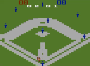 The pitch by the blue team... in Super Challenge Baseball for the Atari 2600