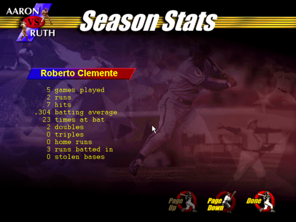 The Season stats page for Roberto Clemente from Season mode