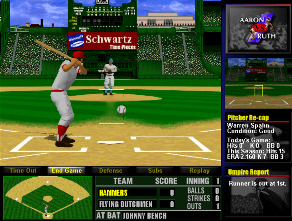Gameplay screenshot of Aaron vs. Ruth during pitching, at the Polo Grounds