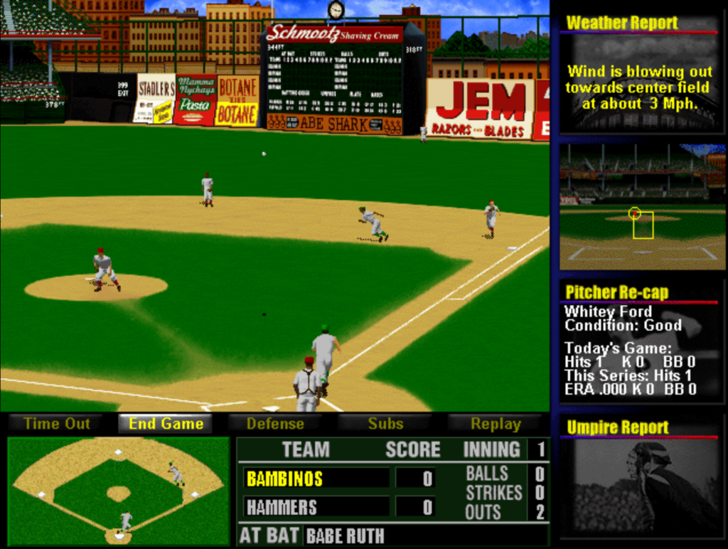 Gameplay screenshot of Aaron vs. Ruth during fielding, at Ebbets Field