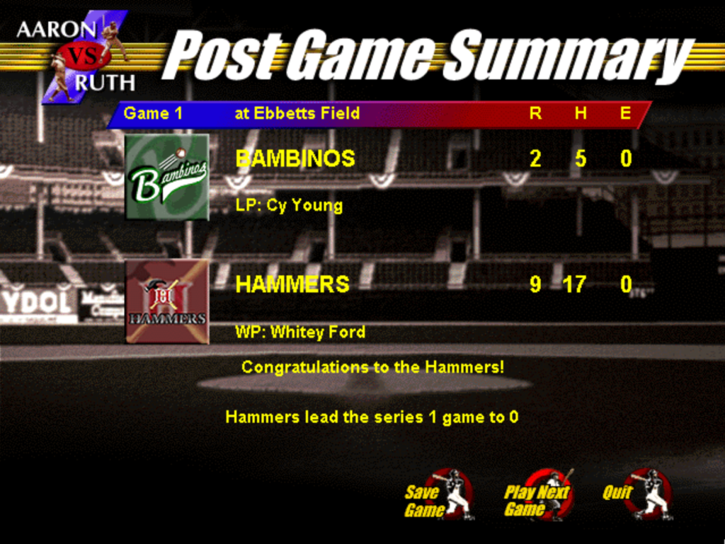 The screen after a game is completed in Aaron vs. Ruth, notably missing any box score feature
